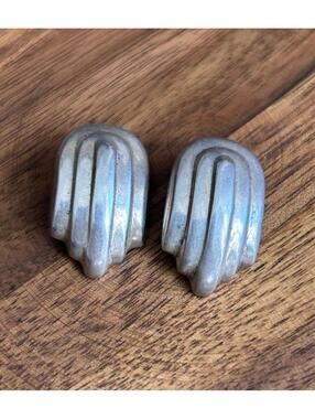 Vintage Sterling Silver Ribbed Clip On Earrings Modernist
